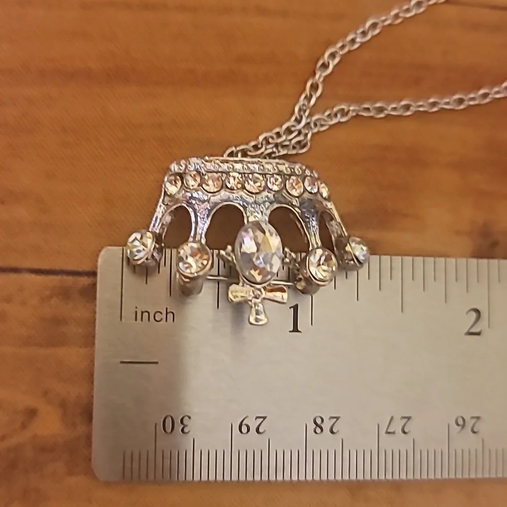 Crown Silver Tone With Rhinestones Unisex Chained Decor Brooch